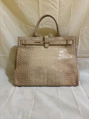 Furla Beige Croc Embossed Leather Tote Large Top Handle Bag Made in Italy